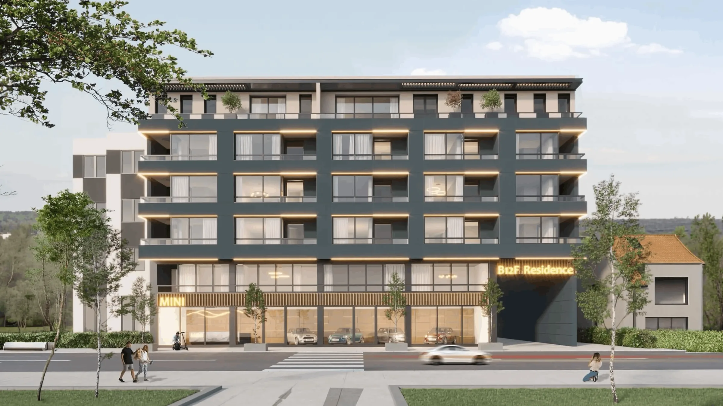 Fasada stambene zgrade B12F Residence sa lokalima u prizemlju, pogled sa Bulevara 12. februara u Nišu